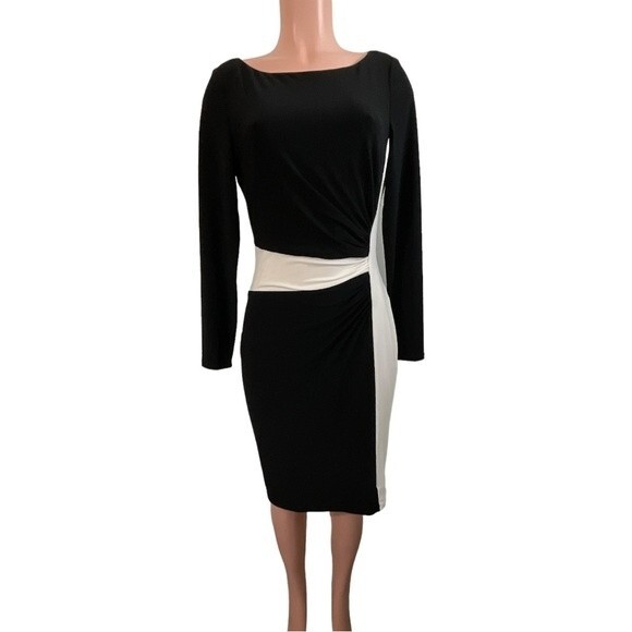 Lauren Ralph Lauren Black and Ivory Side Ruched Sheath Dress Size 10 - Picture 1 of 8
